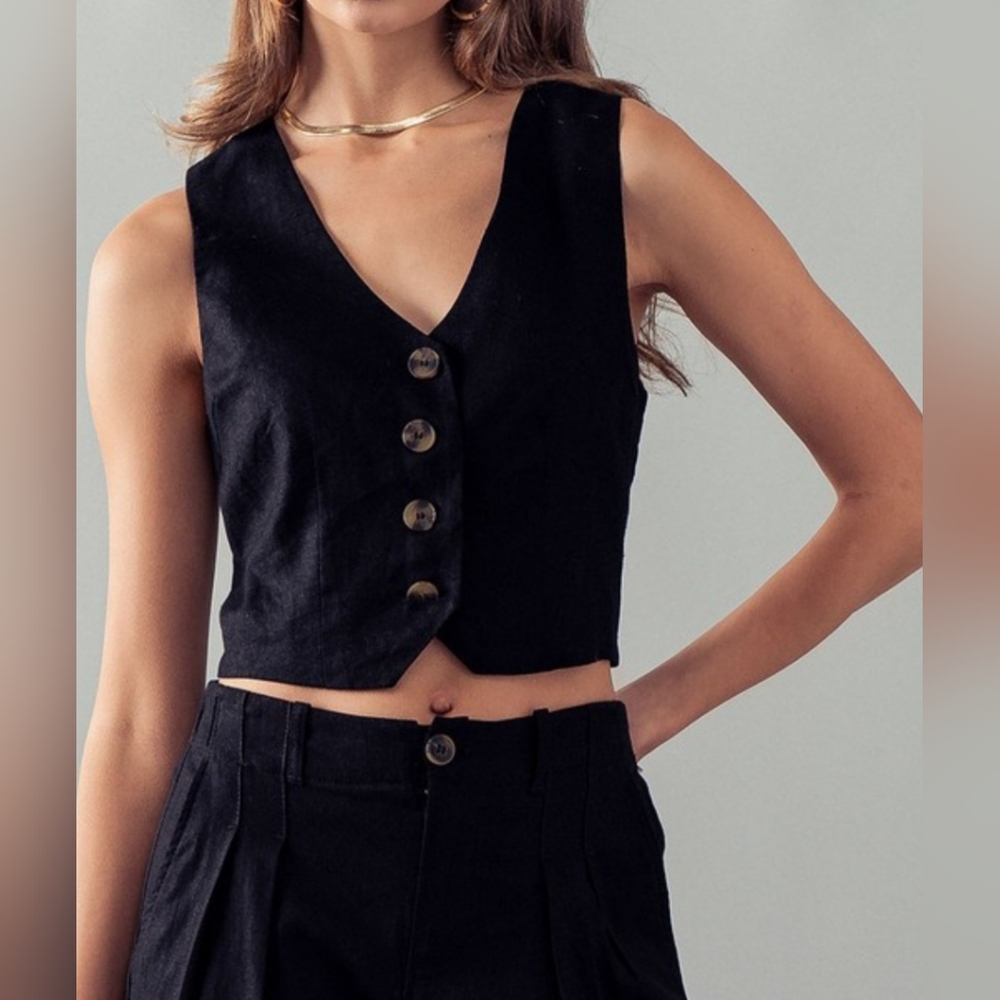 #390 🛑S,L Boho BLACK Linen Button Down Vest